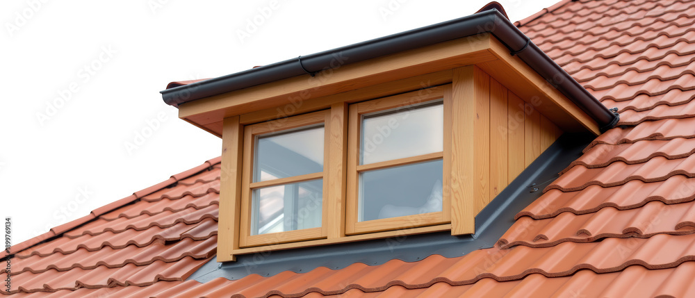 Obraz premium Modern wooden window sloped roof red tiles architectural design home exterior natural light residential building craftsmanship cozy atmosphere