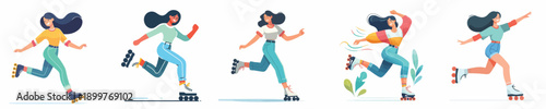 A woman is playing roller skates in a simple and minimalist flat design vector style