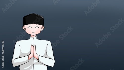 Illustration of a cartoon character of a man wearing a peci. This illustration is suitable for the atmosphere of Ramadan and Eid