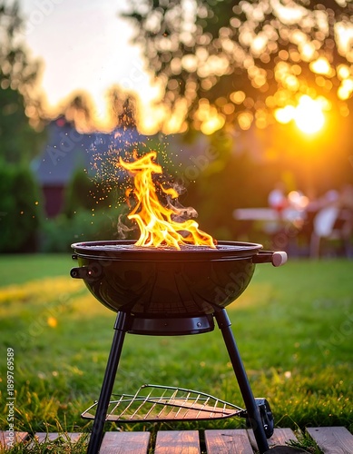 A close-up view of a charcoal grill ablaze with flames, set against a blurred background of a backyard during sunset