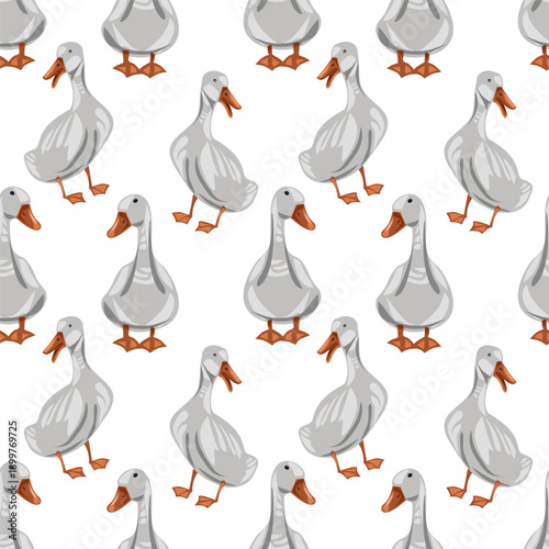 Seamless pattern with cute cartoon geese in different poses. Vector animal background for kids textiles, wrapping paper, clothing, and nursery decor.