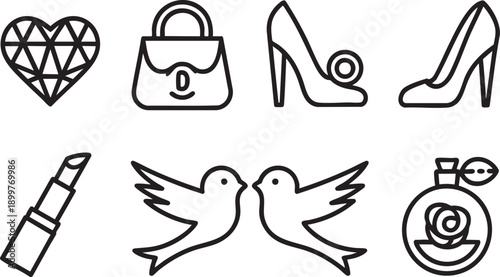Glamorous beauty and fashion icons set, lipstick, perfume, shoes, bag, heart