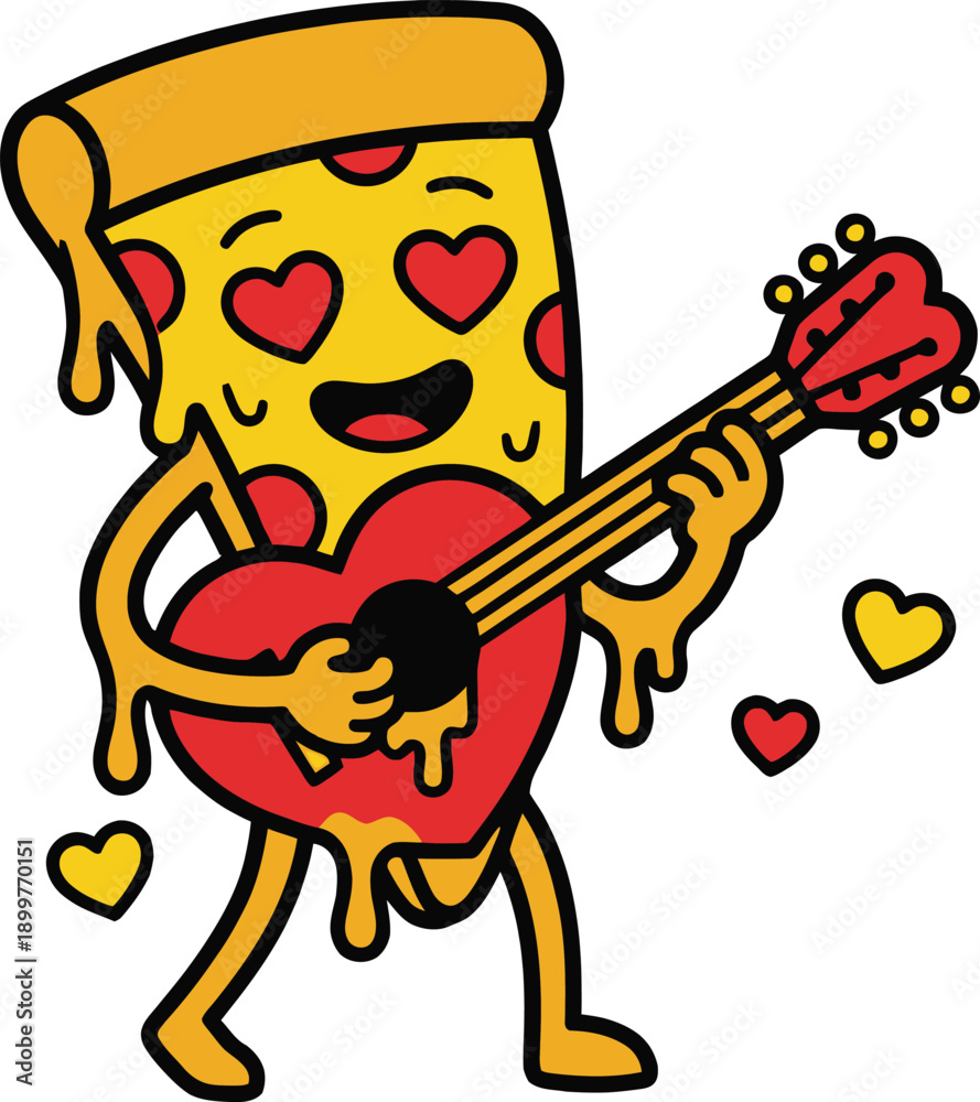 Naklejka premium A cheerful pizza slice character plays guitar for a heart expressing love on transparent background high quality professional detailed modern elegant stylish clean crisp vibrant colorful