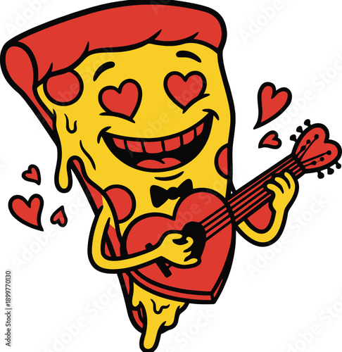 A cheerful pizza slice serenades with a ukulele surrounded by hearts on transparent background high quality professional detailed modern elegant stylish clean crisp vibrant colorful digital