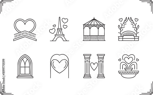 Romantic Paris landmarks bridge gazebo wedding architecture and hearts line art icons