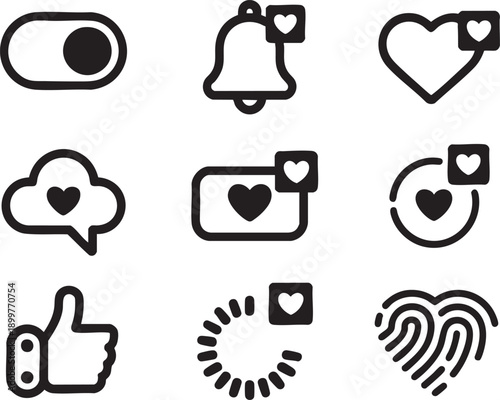 Social media icons and symbols for likes notifications and user interface elements set vector