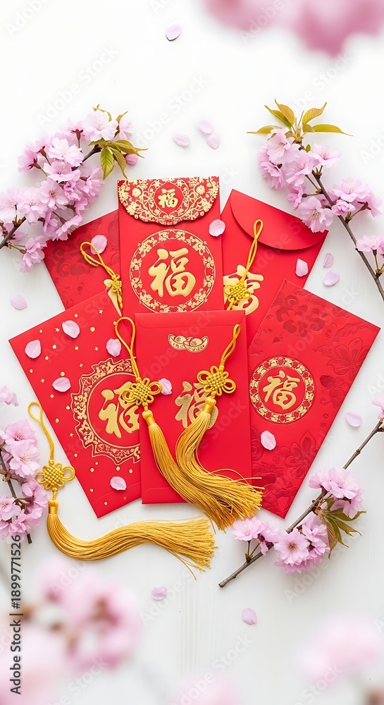 Obraz premium Chinese new year red envelopes with blossoms