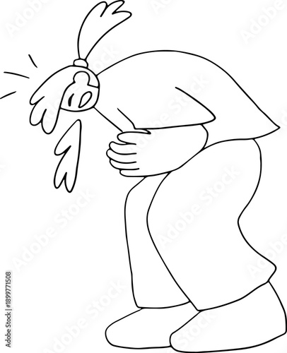A young girl is suffering from vomiting and bending over, holding her stomach in memphis style, full size, hand drawn with black, curved grunge lines