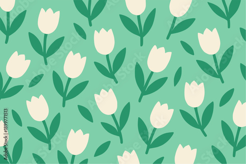White tulip floral pattern on mint green background