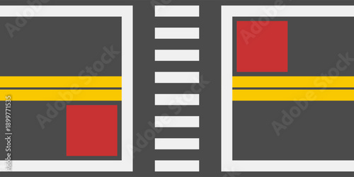 Flat vector illustration of road markings with double yellow line, white zebra crossing, and red stop box on asphalt. Ideal for traffic, transportation, and road safety concepts.