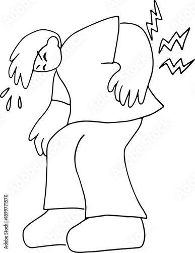 A young man suffers greatly from back and lower back pain, bent over in pain in memphis style, full size, hand drawn with black, curved grunge lines