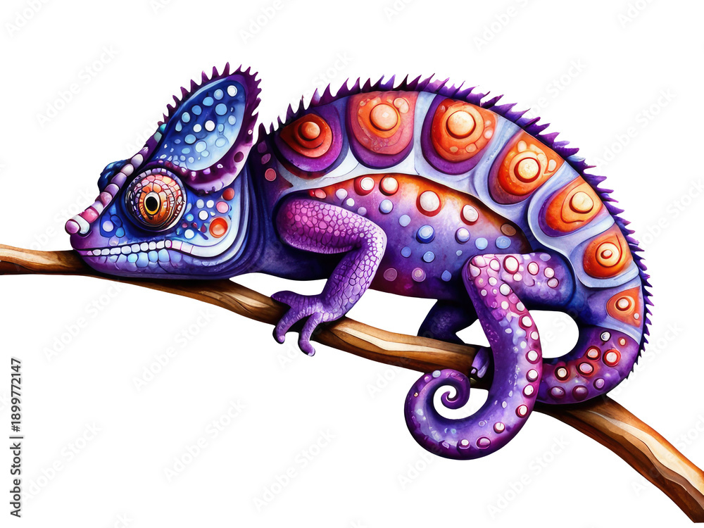 Fototapeta premium A chameleon sitting on a tree branch, enjoying the view watercolor painting