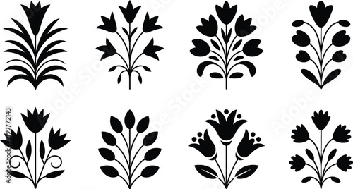 Vector set of eight isolated black floral design elements with stylized leaves and blossoms, perfect for decorative patterns or branding on a transparent background.