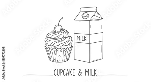Vector illustration of cupcake with cherry and milk carton, bakery or dessert menu icon, for advertising or branding, Isolated on transparent background, png