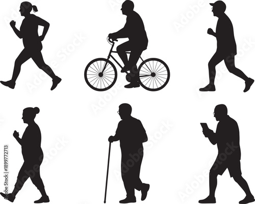 People Walking Cycling and Running Silhouette Vector Set for Fitness and Outdoor Activity Graphics and Commercial Lifestyle Designs