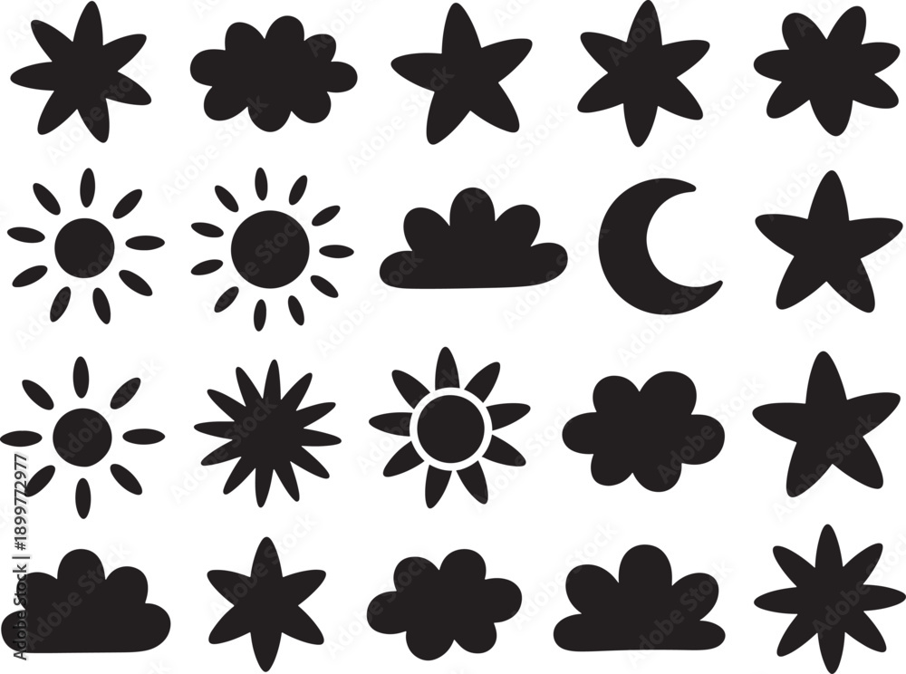 Fototapeta premium Weather and Celestial Silhouette Icons Vector Set with Sun Moon Stars and Clouds for Interface and Stationery Graphic Design
