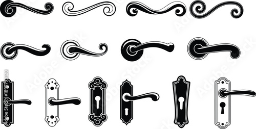 Decorative door handle design collection, ornate elegant curves, modern simplified shapes, architectural interior detail, backplate keyhole variations, artistic hardware illustration