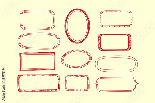 Set of hand-drawn vintage frames and label borders with doodle sketch style. Retro rectangular and oval frames, design template, Isolated vector elements