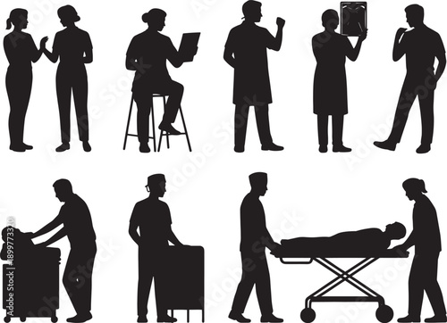 Hospital Staff and Patient Treatment Silhouette Vector Collection for Healthcare Management and Medical Marketing Graphics
