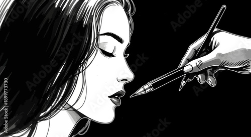 Elegant black and white illustration of a woman with closed eyes, a hand offering a cigarette holder in a vintage, sophisticated style.