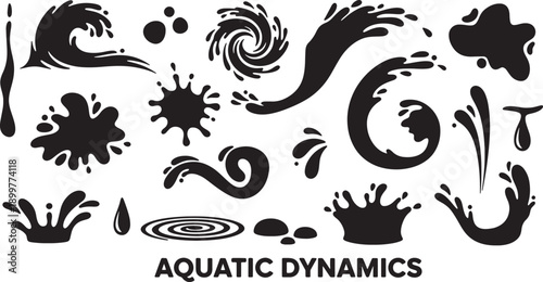 Black and white aquatic wave splashes graphic design elements