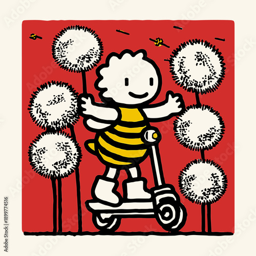 Whimsical scooter ride through a vibrant flower field