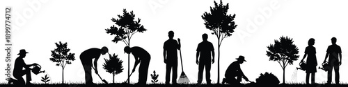 Community volunteers planting trees in urban park silhouette, teamwork for environmental conservation, sustainability, reforestation, climate action awareness future