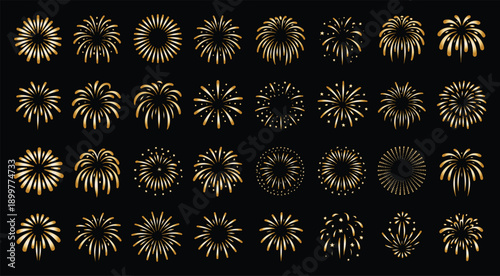Fireworks vector illustration, vibrant colors for festive celebrations. Ideal for New Year Eve, Fourth of July, Diwali, Chinese New Year, Eid al-Fitr, Ramadan, Christmas, Halloween, party, holiday 