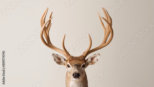 Deer With Large Antlers Stands Still Against a Plain Background in a Studio S...