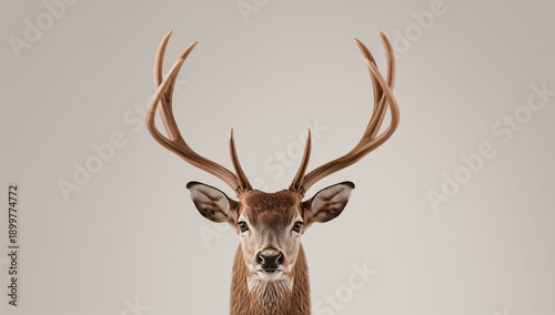 Deer With Large Antlers Stands Still Against a Plain Background in a Studio S...