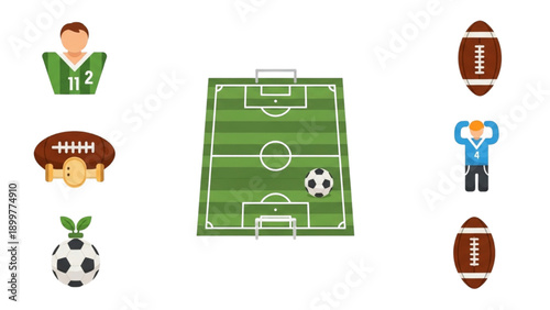 Sports equipment and athletes surrounding a soccer field with various balls and icons