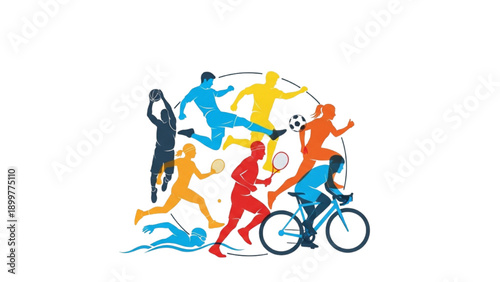Vibrant illustration of people engaging in various sports activities together outdoors from a dynamic viewpoint