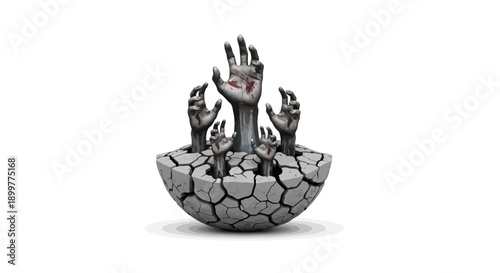 Multiple zombie hands emerging from a cracked earth like sphere