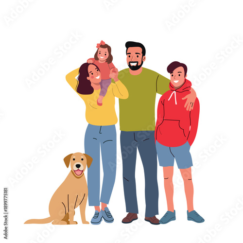 Happy Family with Two Children and Dog Standing Together, Isolated on White Background. Vector cartoon flat style illustration