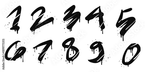 Spray painted graffiti of number on set. alphabet drip symbol. isolated on white background. vector illustration