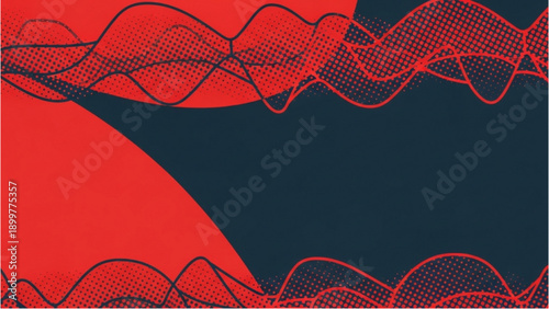 Abstract red and dark blue wavy lines intersecting on a dynamic background from a straightforward viewpoint