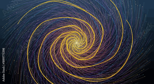 Dynamic abstract digital spiral with glowing light trails and particle lines representing data, energy, or network flow