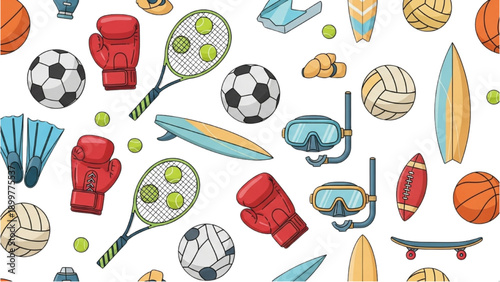 Vibrant sports equipment scattered around in a lively pattern on a clean background from a top view
