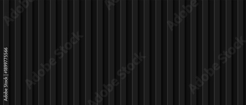 Black corrugated metal background, texture of steel or plastic panel for container, roof, house. Seamless vertical siding pattern, metal sheet, black facade cladding, garage wall. Vector illustration