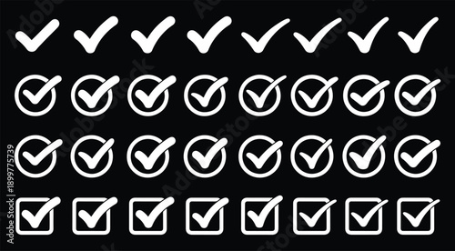 Checklist vector icon set, checkmarks, cross symbols, and clipboard designs vector style. Perfect for task management, to do lists, forms, and productivity related projects 