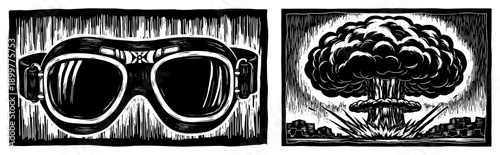 Hand drawn woodcut illustrations of aviation goggles and a nuclear mushroom cloud explosion