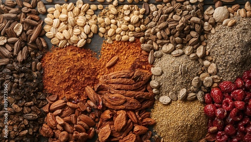 Various Spices and Seeds Arranged Neatly on a Wooden Surface in Bright Colors...
