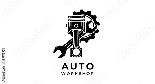 Automotive Workshop Logo with Piston Wrench and Gear.