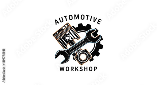Automotive Workshop Logo with Wrench and Piston.