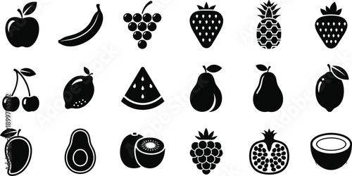 Fruit silhouette icon set featuring apple, banana, berries, tropical and citrus fruits, healthy food symbols isolated on white background