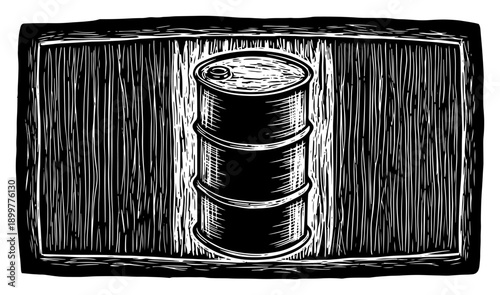 Industrial oil barrel drum in vintage woodcut linocut print style