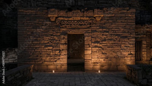 Mysterious Stone Structure Illuminated at Dusk in an Ancient Site