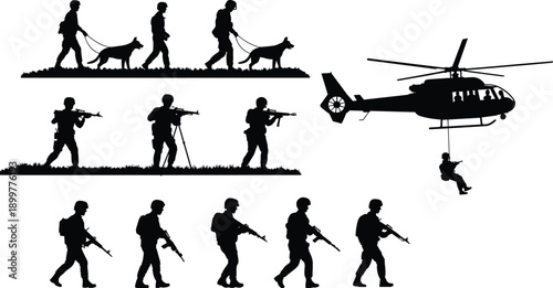 Military operation silhouette illustration, soldiers with dogs patrol, rifle combat readiness, helicopter rappelling deployment, tactical movement defense, black vector artwork