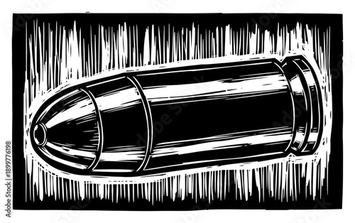 Detailed large bullet shell or artillery projectile vintage woodcut illustration style