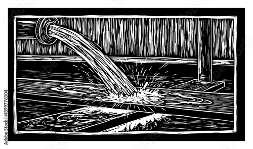 Industrial foundry scene with molten metal pouring in a vintage woodcut style